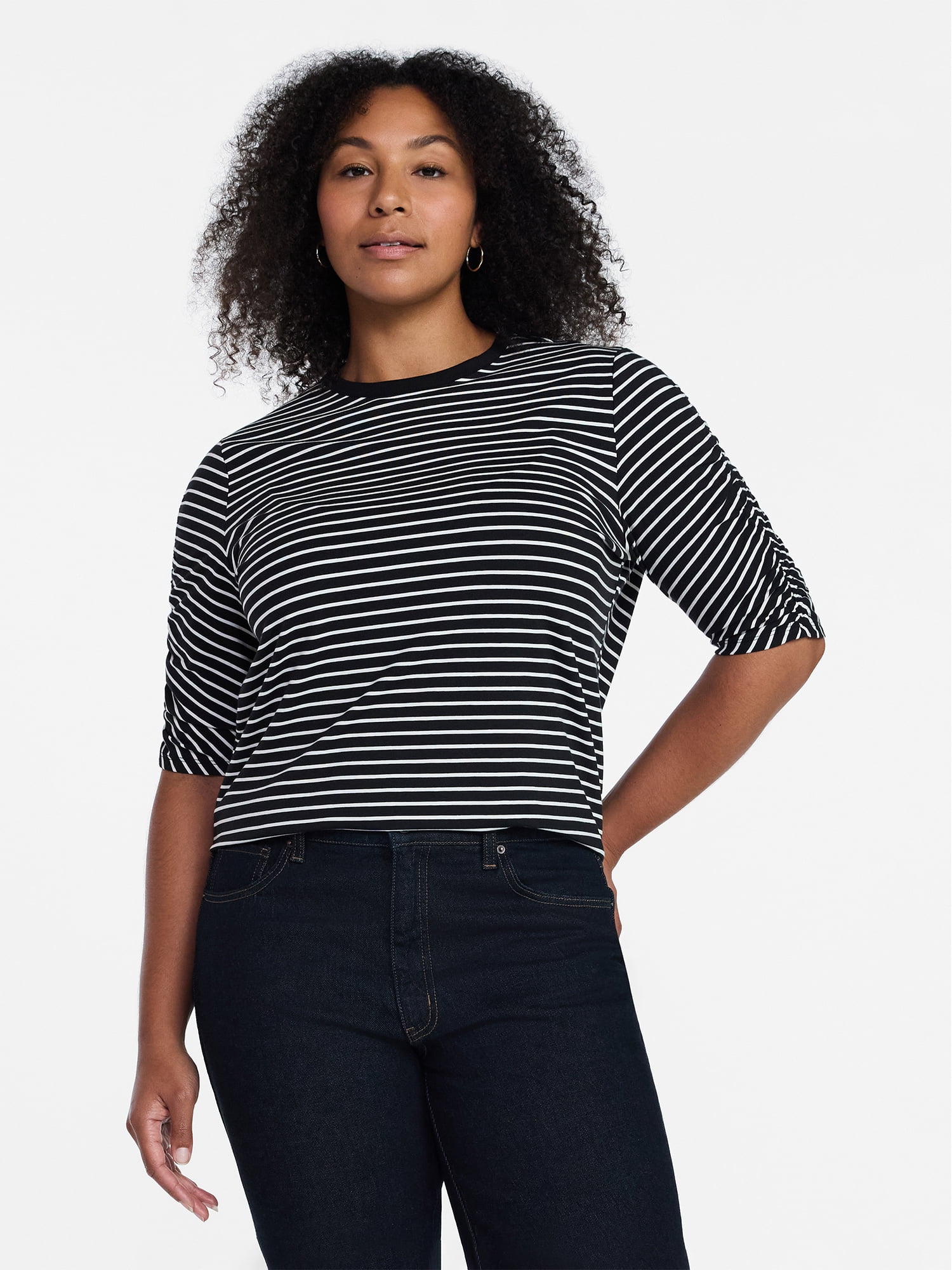 Time and Tru Women's Ruched Elbow Sleeve Tee, Sizes XS-XXXL