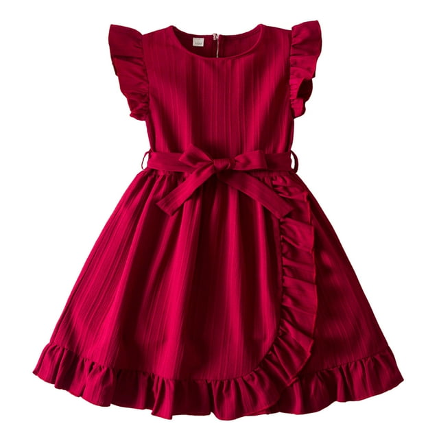 Toimothcn Robes pour Filles Manches à Volants Robe Simple Couleur Unie Côtelée Douce Respirante Ample Robes de Princesse d'Été Robe de Loisirs pour Filles