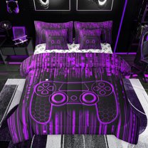Feelyou Cartoon Game Console Bedding Comforter Set 7pcs for Boys, Purple Stripes Lines Queen Bedding Sets, Modern Game Controller Reversible Queen Sheet Sets, Ultra Soft Bedroom Decor