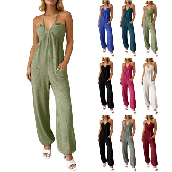 Favoffer Women Back Strap Jumpsuit V Neck Pleated Bodice Loose Wide Leg Overalls Breathable One Piece Pants with Pockets for Casual