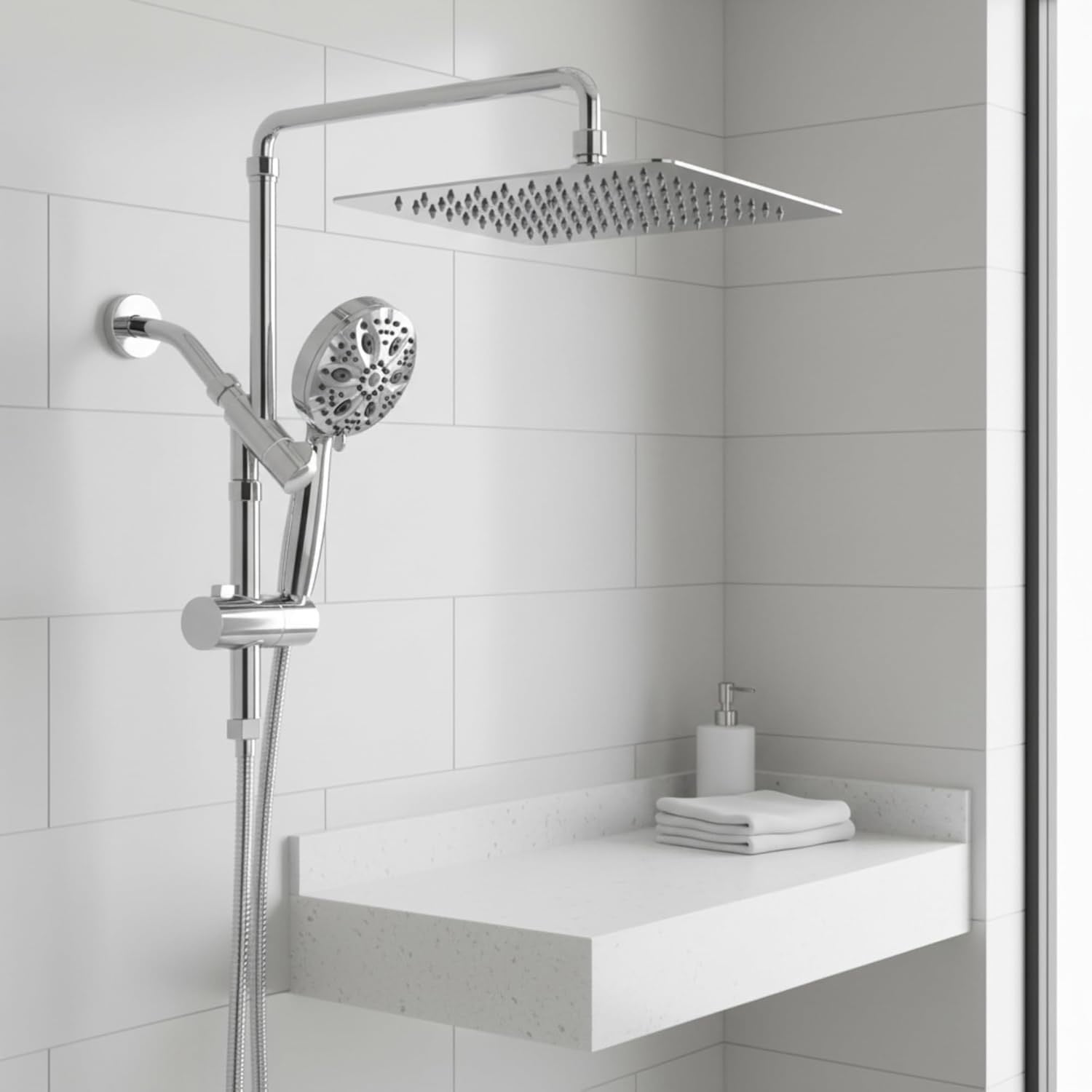 ROSYNEY 12 Inch Rain Shower Head with 8-Setting Handheld Spray Combo, Metal Height Adjustable Shower Arm, Slide Bar with Holder, Stainless Steel Hose, Chrome
