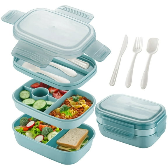 Stackable Bento Box Set, 64 oz Adult Bento Box with Utensils, Plastic Portion Control Food Container with Leakproof Buckles for Office, Dishwasher Microwave Freezer Safe