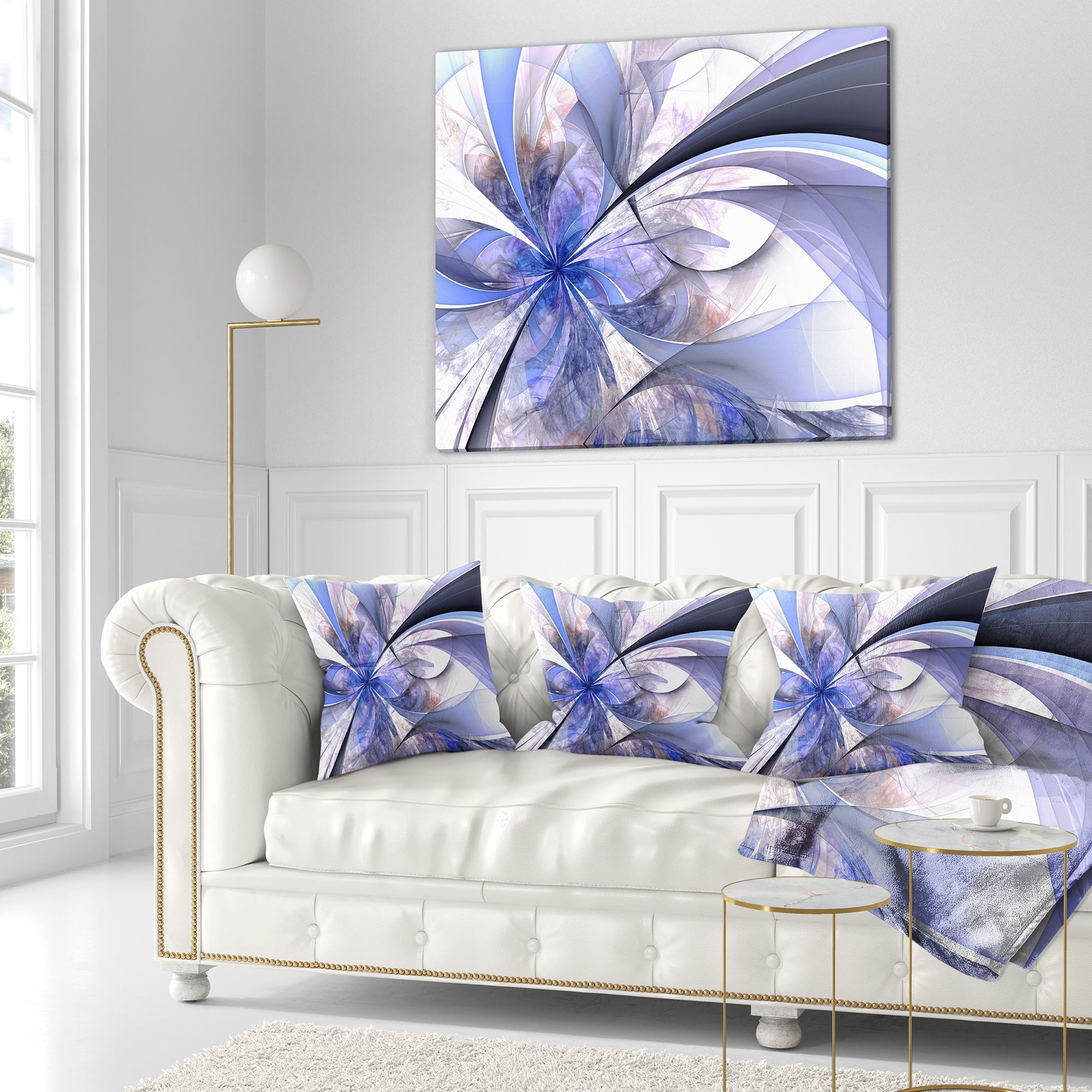 Designart Blue Fractal Flower Design in White - Floral Throw Pillow - 18x18