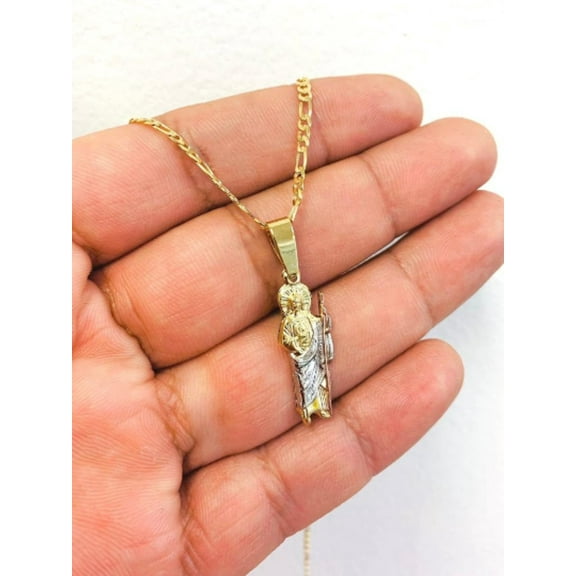 San Judas Tri Color Necklace Pendant Gold Filled / Figaro Link Chain Necklace / Everyday Necklace / Saint Jude Necklace for Womens 20" / Caddena y Dije de San Judas