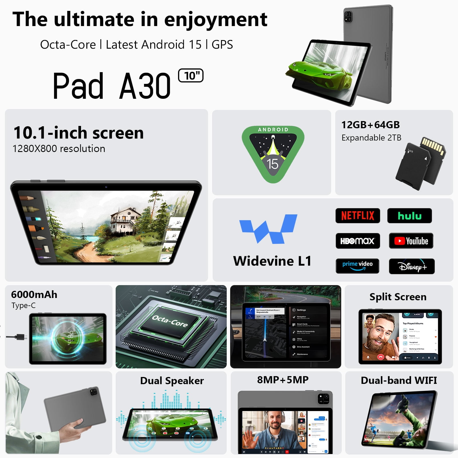 EDDBNi  10 inch Tablet Android 15 Tablets, Octa-Core Tablet PC, 4GB RAM, 64GB ROM, 1TB Expand, 6000mAh, 1280x800 HD Touch Screen, 5MP+8MP, Wifi, Dual Camera