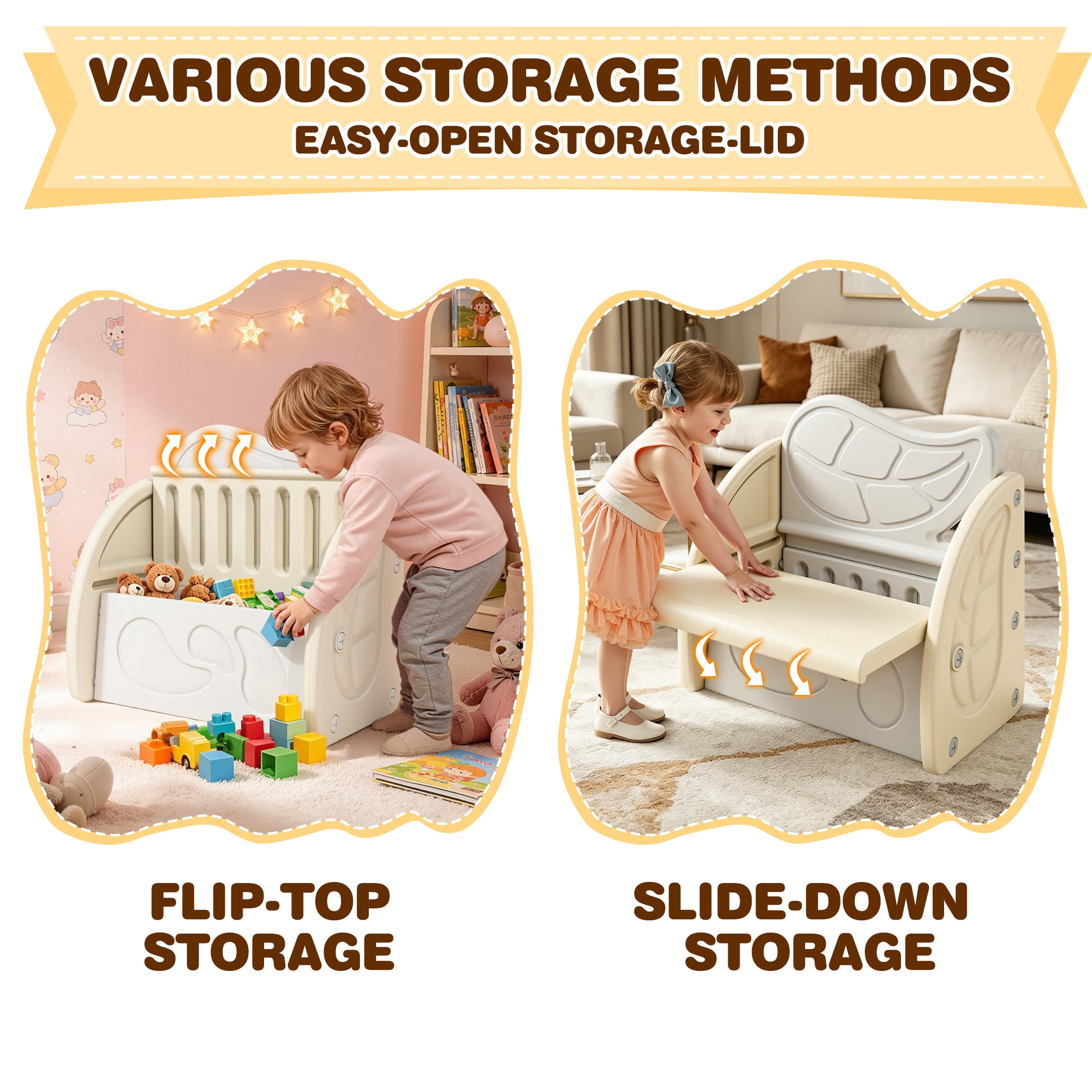 PORKISS Kids Toy Box for Boys Girls, Plastic Toy Storage Organizer with Storage Bench and Leaf Backrest, Compact Toy Chest for Playroom, Bedroom, Living Room, Support up to 176 lbs, Beige/Light Grey