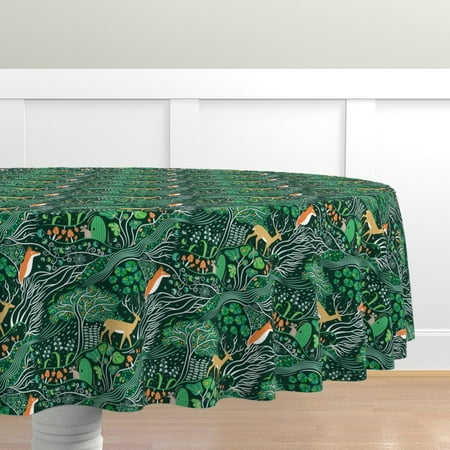 

Cotton Sateen Tablecloth 70 Round - Magic Forest Emerald Animals Nature Deer Mouse Woodland Green Trees Children Fox Print Custom Table Linens by Spoonflower