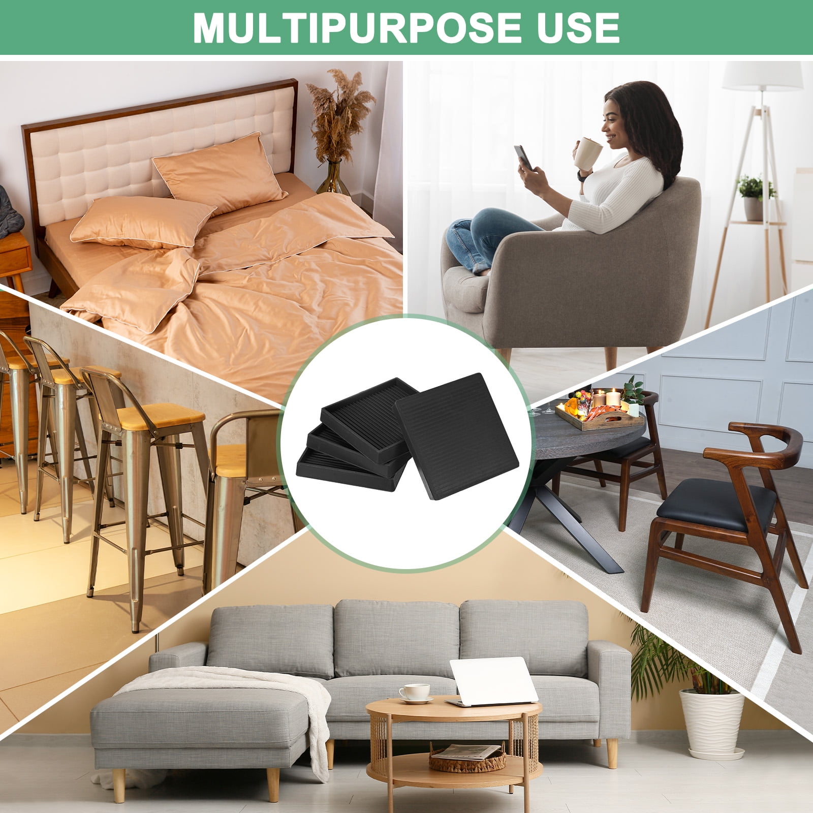 4-Pack Furniture Coasters Cups 4" Square Rubber Anti Slide Floor Protector Pads for Sofa Chair/Piano Stopper Furniture Caster Leg Non Slip Feet Cups [Black]