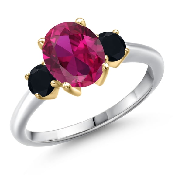 Gem Stone King 925 Silver and 10K Yellow Gold Red Created Ruby and Black Onyx Engagement Ring for Women | 2.44 Cttw | Oval 9X7MM | Gemstone July Birthstone | Size 7
