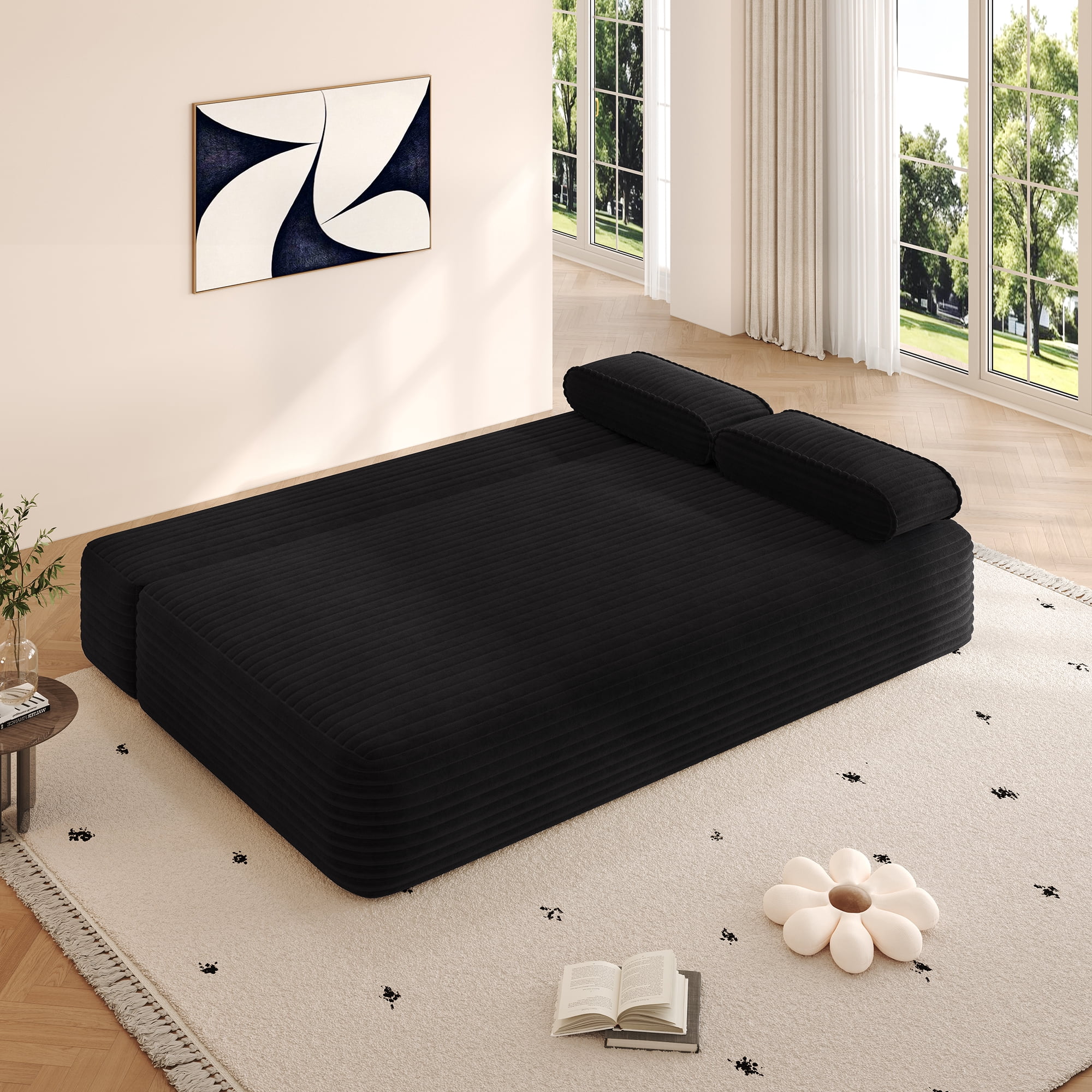 Miniyam 78.7" Sleeper Sofa Bed, Convertible Corduroy Floor Couch, No Assembly, 3 Pillows, Black