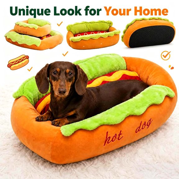 Hot Dog Dog Bed, Detachable and Washable Hot Dog Bed for Dachshund, Soft Plush Pet Bed with Non-Slip Bottom, Cozy Indoor Nest Dogs, 19"x15"