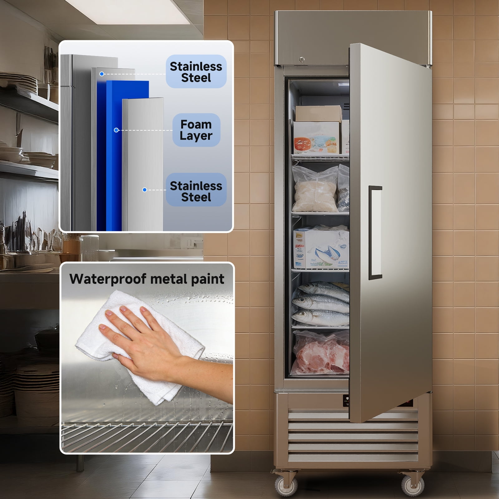 VEECOOL 27" WiFi Enabled Commercial Freezer Upright with App Control, 23 cu.ft. Stainless Steel Single Door Reach-in Freezer with 4 Shelves, Right Hinged Door, Auto Defrost, ETL&ETL Sanitation