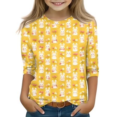 Drmagiyhm Girls Easter Shirts Size 10-12 Casual Bunny and Egg Print Shirt Funny Cute 3/4 Sleeve Tshirt Kids Funny Crewneck Tops Tees & Blouses