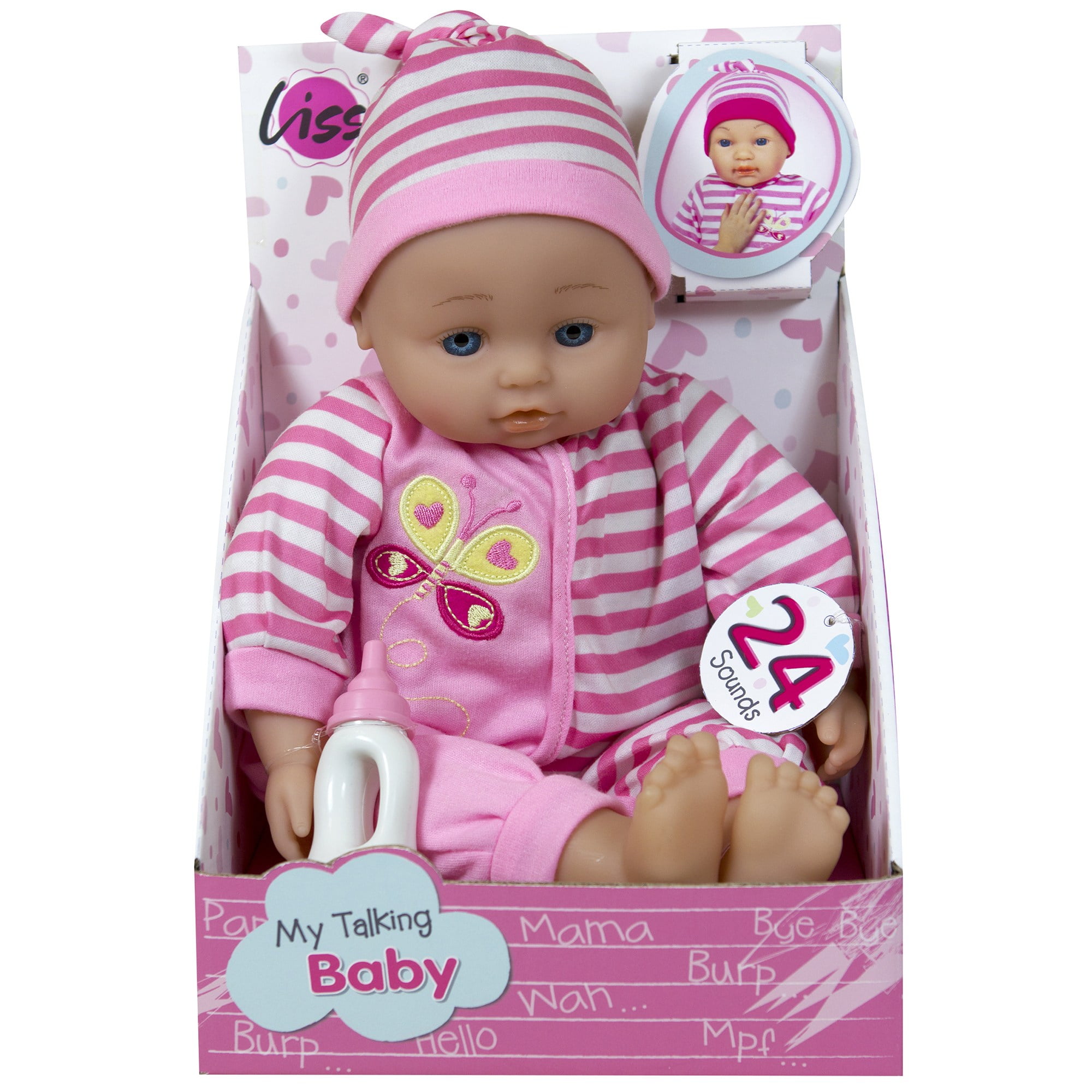 Lissi: 16" Talking Baby Doll - Pink & White Striped Butterfly Onesie, Matching Hat, 24 Interactive Sounds, Soft Body, Roleplay Toy, Kids-Toddlers 2+