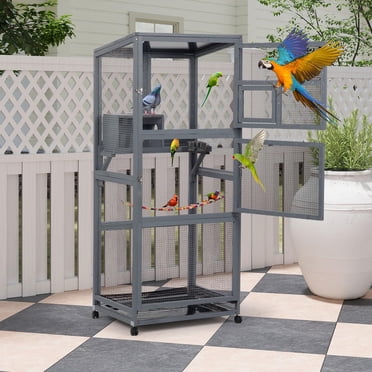 Visual Reference: Pawhut Outdoor Bird Cage Wooden Aviary With Playground Slide Out