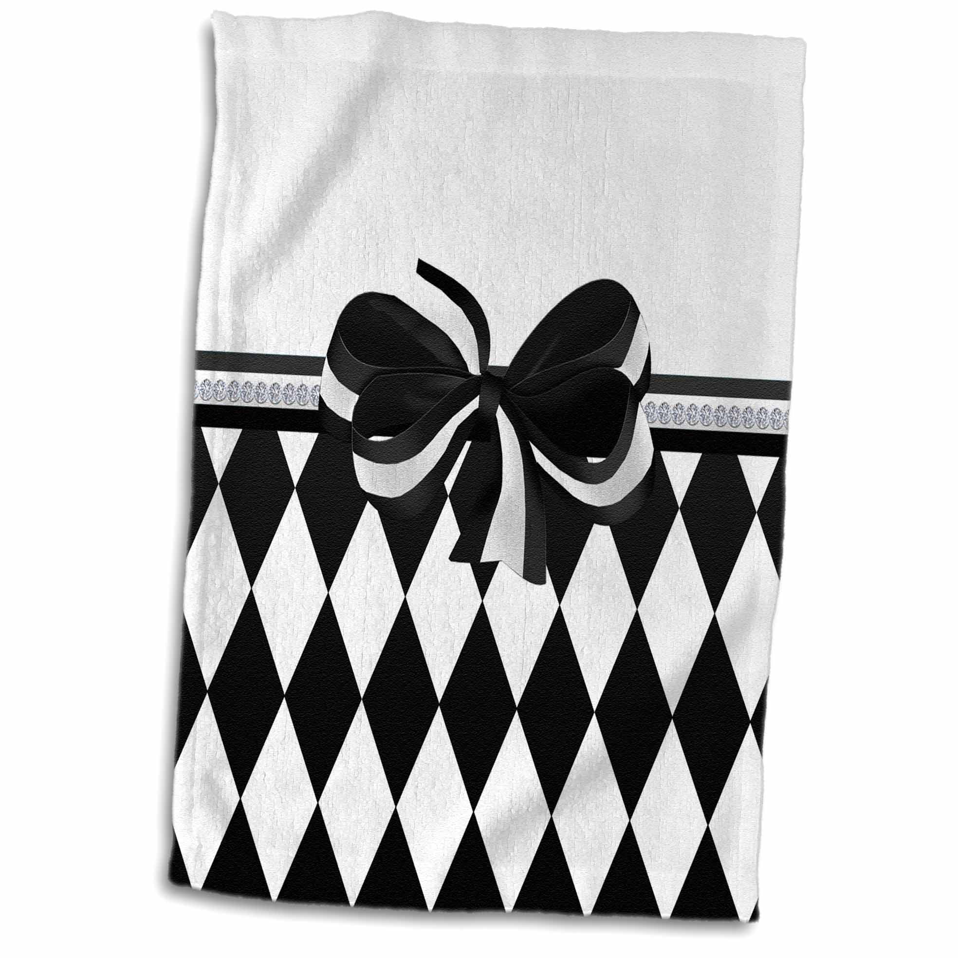 3dRose Elegant Black and White Harlequin with Printed Bow - Towel, 15 by 22-inch