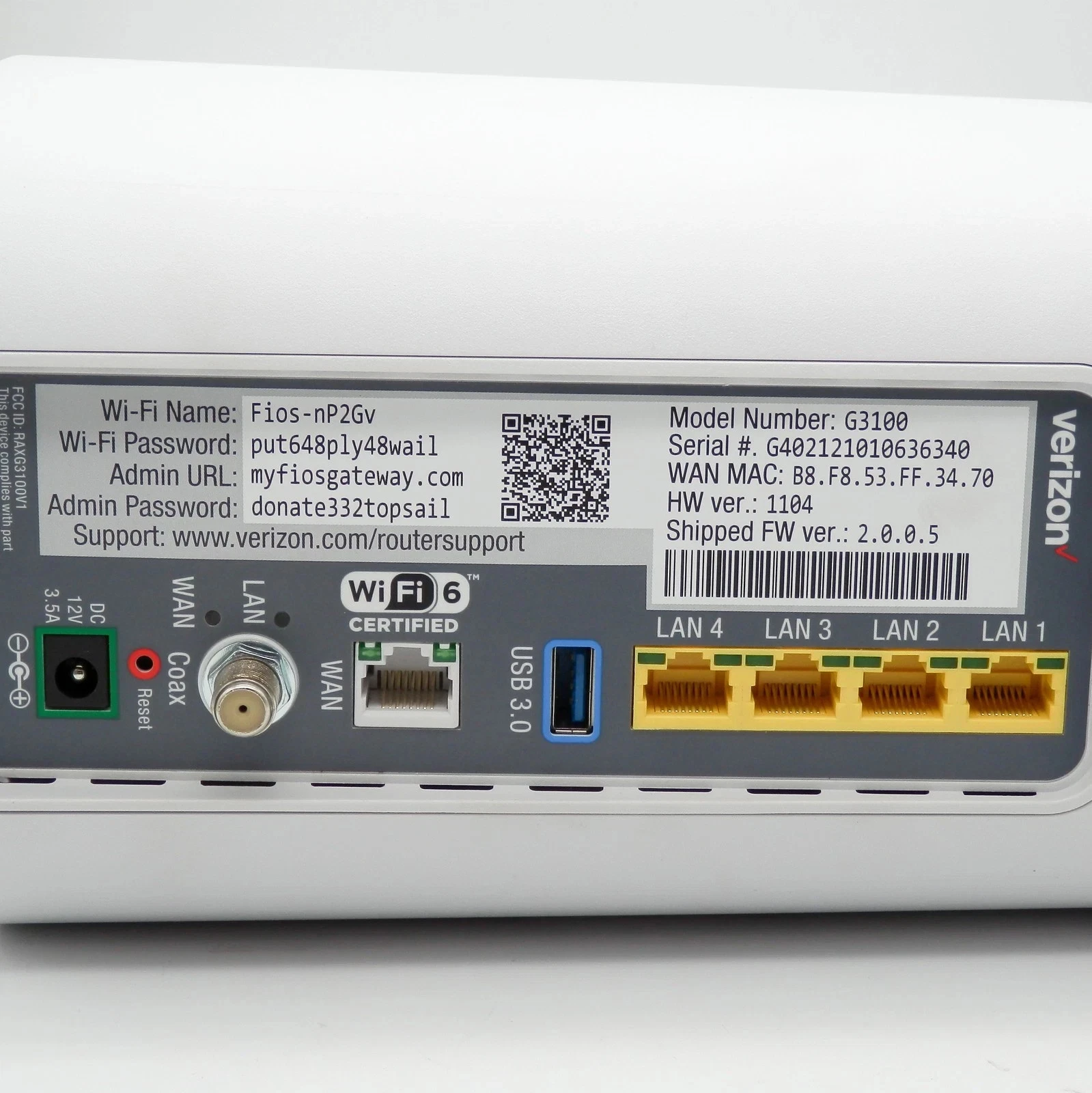 Pre-Owned Verizon G3100 4-Port 1000Mbps Fios Home Router Tri-Band White W/ AC Power Cord