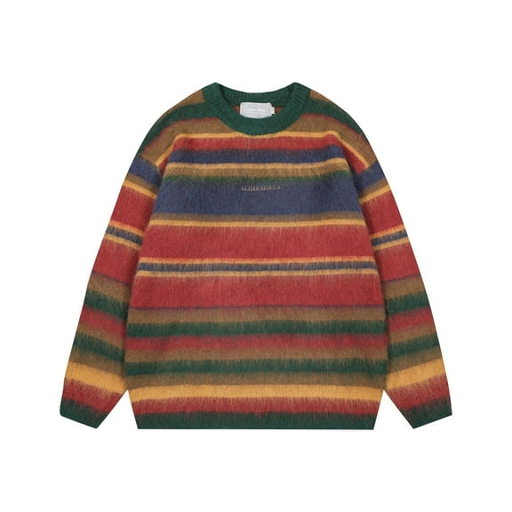 successthop Oversized Sweaters Men Long Sleeve Chunky Crewneck Winter Pullover Knitwear Loose Stripe Knit Tops Green M