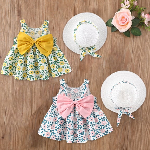 Tranfacy Dress for Toddler Girls Summer Floral Print Sleeveless Round Neck Strap with Matching Hat for 0‑3 Years