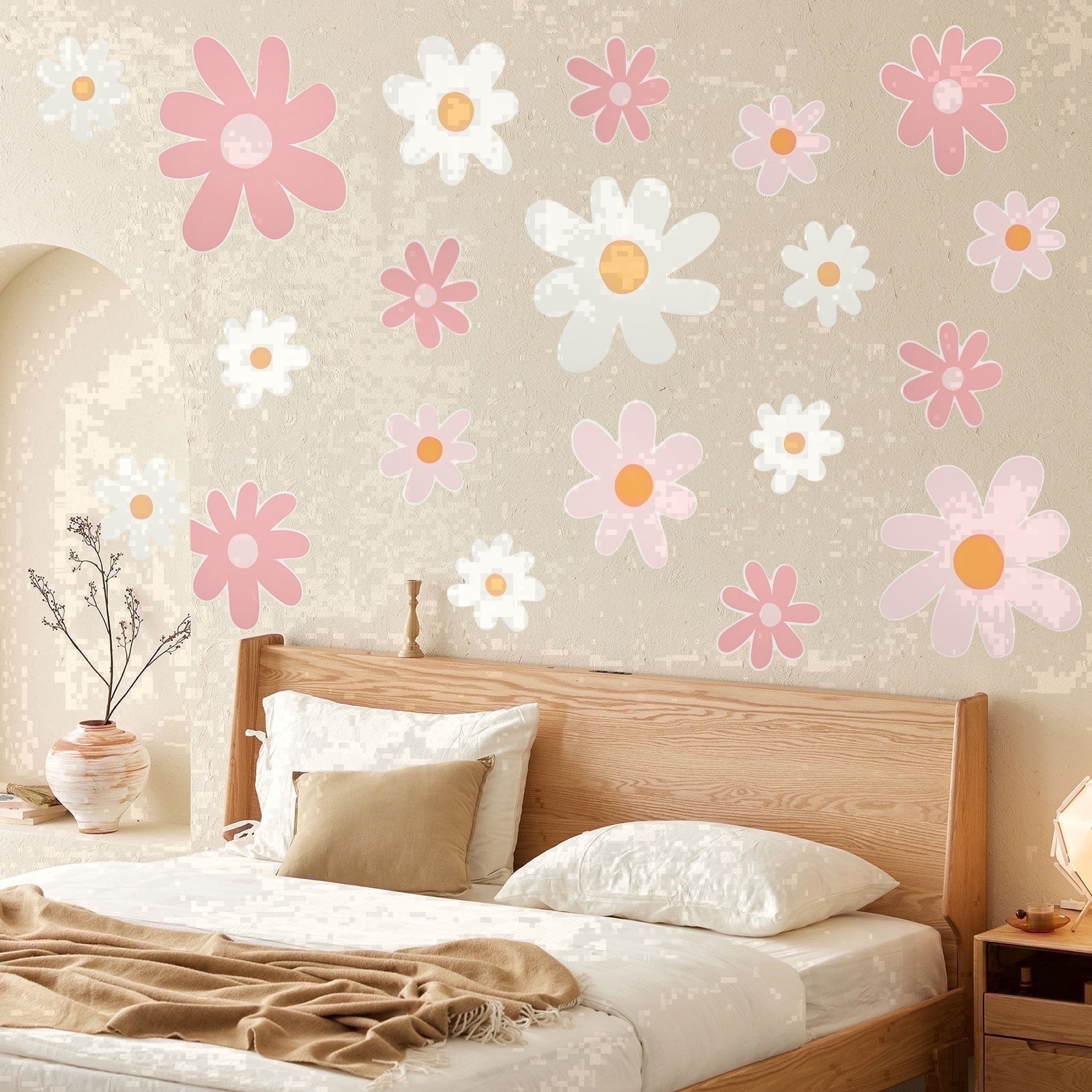 Daisy Wall Decal Peel and Stick, 34 Pcs Pink Flower Wall Stickers for Girls Bedroom, Removable Floral Decor for Kids Nursery