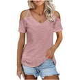 thumbnail image 2 of Meichang Womens Cold Shoulder Tops Summer Short Sleeve V Neck Tees Eyelet Embroidery Blouses Casual Loose Fitting Solid Color Tunic Tops Pink XL, 2 of 6