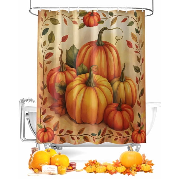 Fall Shower Curtain Orange Pumpkin Bathroom Curtains with Hooks, Waterproof Fabric Maple Leaves Vine Autumn Thanksgiving Bath Shower Curtains Set for Bathroom Bathtubs Decor 36x72 Inch