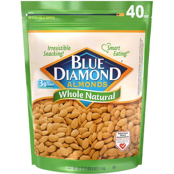Blue Diamond Almonds Whole GGA1 Natural Raw Snack Nuts, 40 Oz Resealable Bag (Pack of 1)