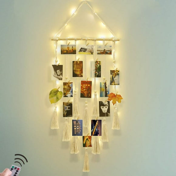 Expositor de fotos para colgar, decoración de pared, macramé, diseño hogareño, con luz
