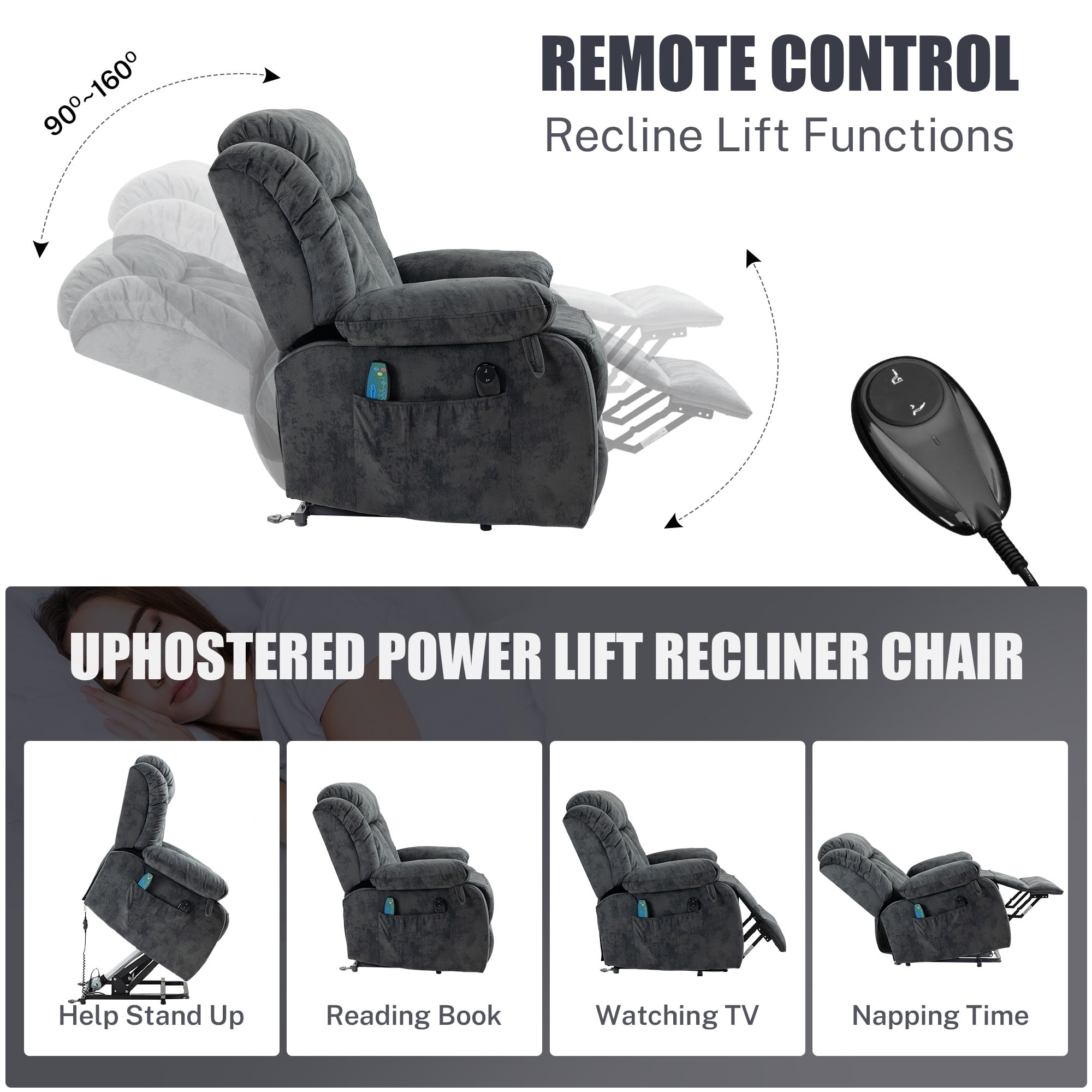PAPROOS Recliner Chair, Electric Power Lift Recliner with Heat Therapy and Massage Function, Large Size Lift Chair with Remote and Side Pocket, Oversized Power Reclining Sofa, Gray Blue