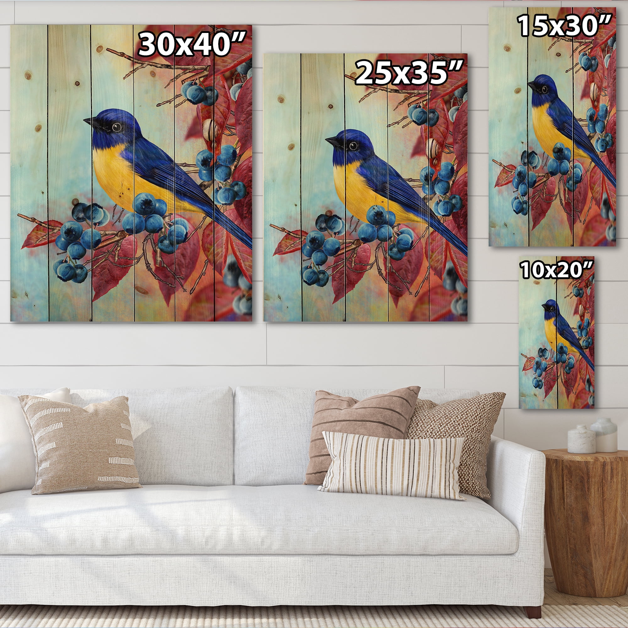 Designart 'Bright Bird Bullfinch Sitting On A Branch of Berries I' Traditional Print on Natural Pine Wood