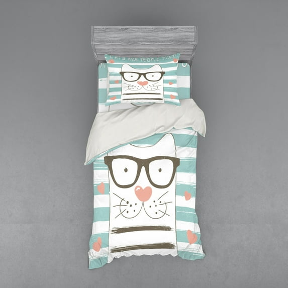 Ambesonne Animal Bedding Set 3 Pcs, Hipster Cartoon Cat Art, Twin, White Blue and Pink
