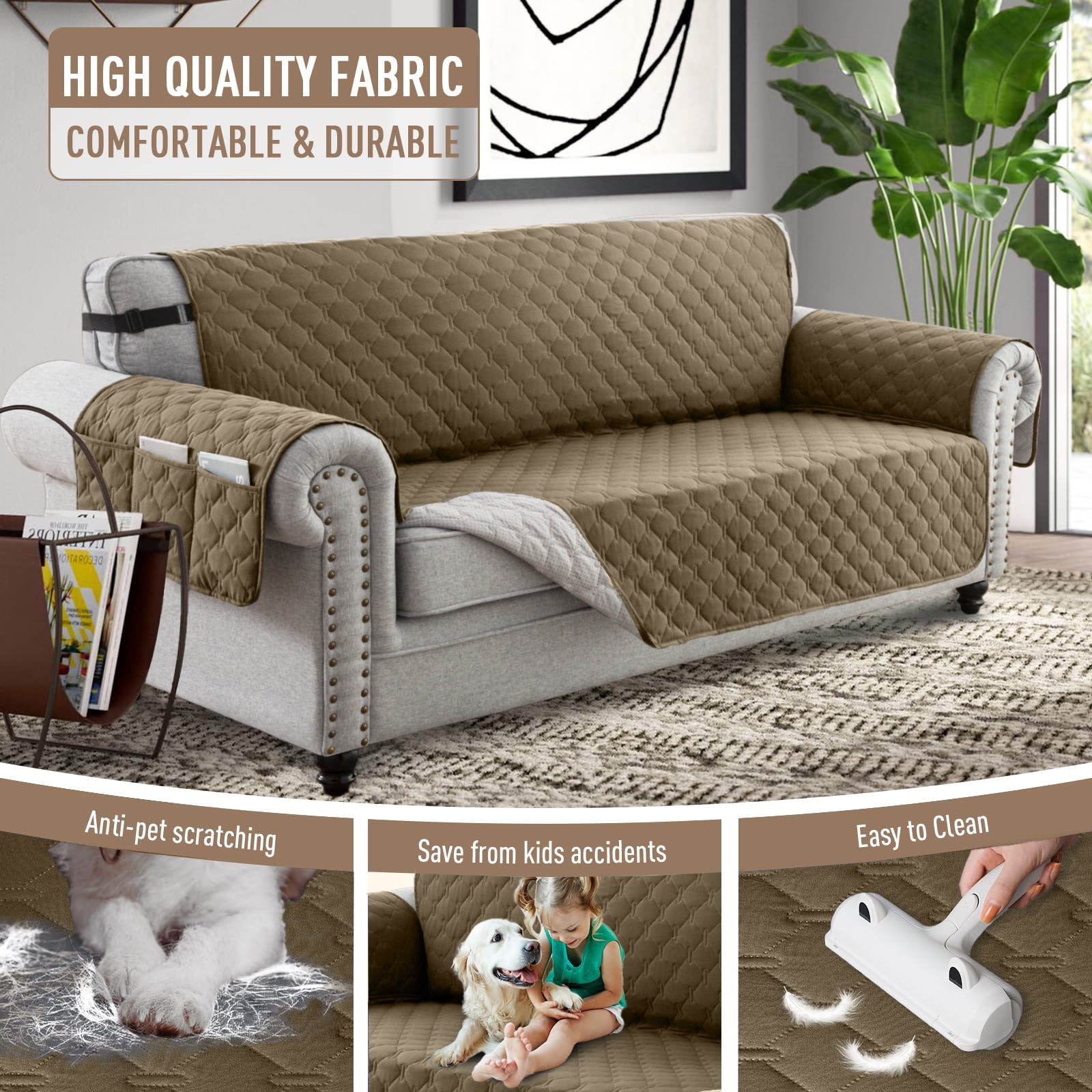 Sanmadrola Sofa Cover 100% Waterproof Couch Slipcovers Washable Non-Slip Furniture Protector with Pockets/Elastic Straps/Silicone Backing for Kids Pets Dogs, Taupe, Loveseat