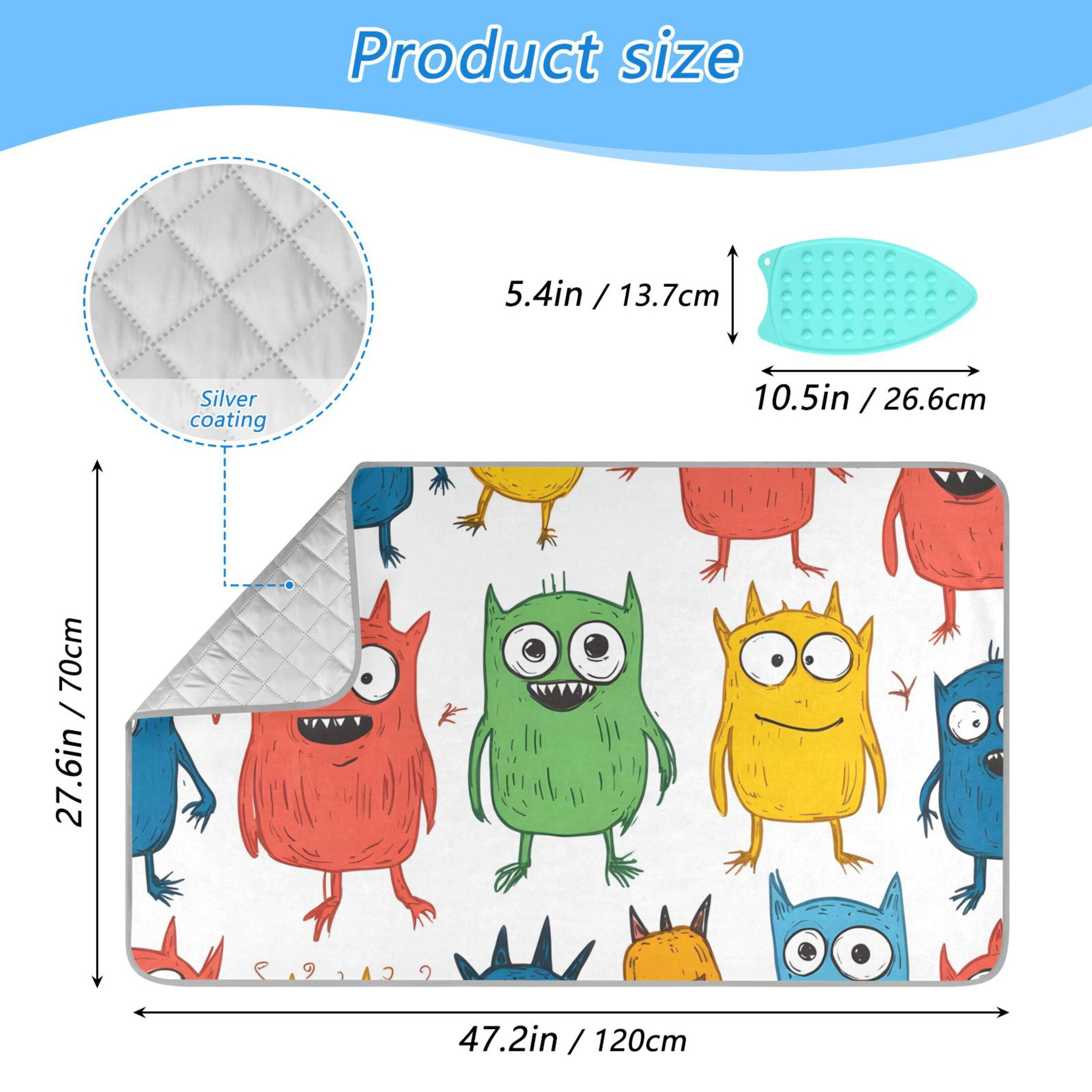 Little Monster Cartoon Doodle White Background Ironing Mat Blanket for Table Top Travel Portable Ironing Board Pad 47.2x27.6 Inch