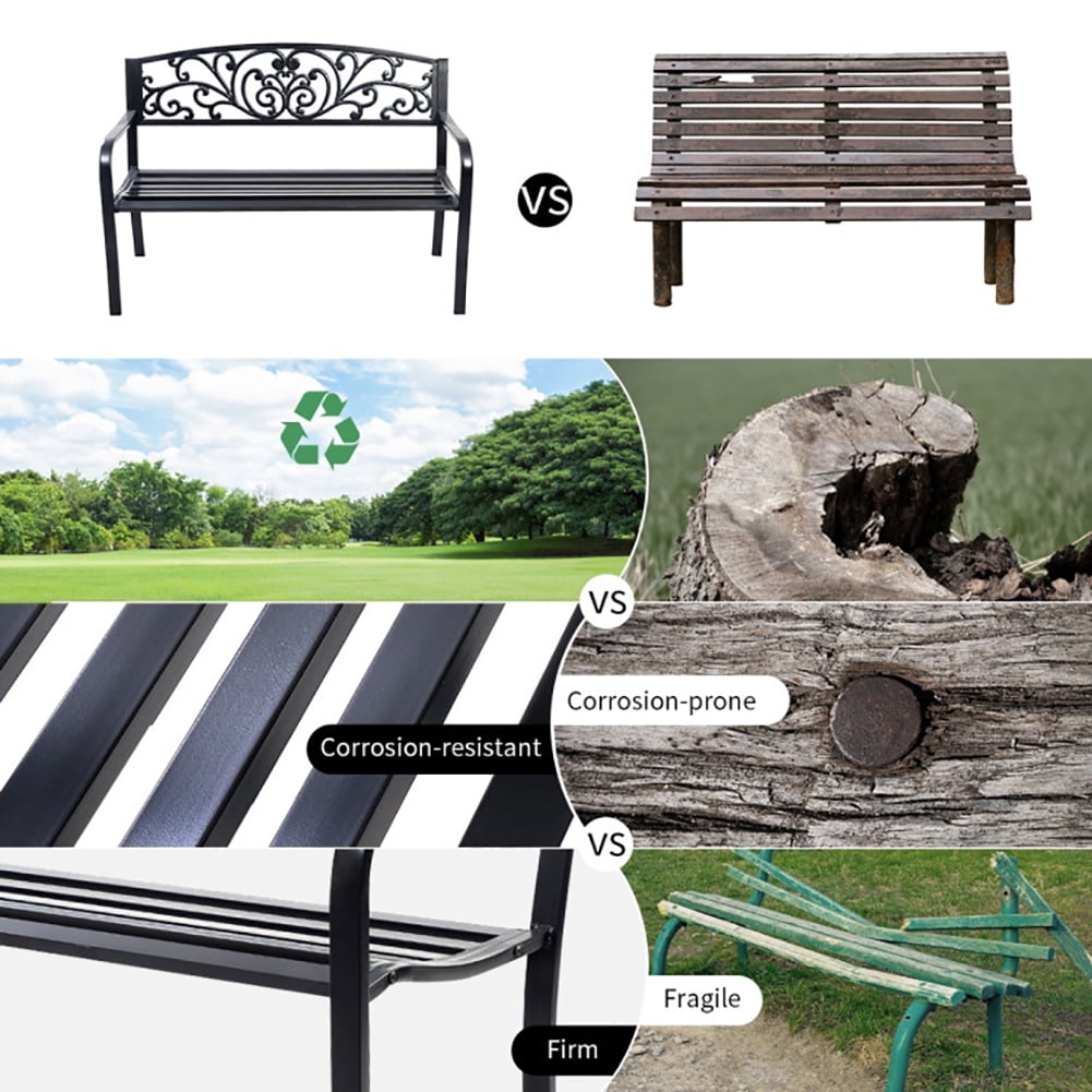 Aimee Lii 50 Inch Patio Park Steel Frame Cast Iron Backrest Bench Porch Chair, Outdoor Patio Furniture