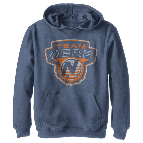 Boy's Nerf Team Blaster Distressed Badge  Pull Over Hoodie Navy Blue Heather Large