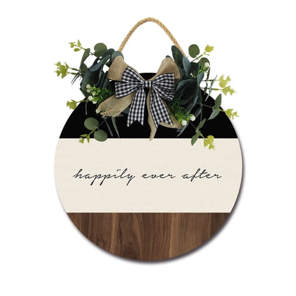 Happily Ever After Front Door Sign Funny Wreaths Hanging Wooden Plaque Decoration Round Rustic Wood Farmhouse Porch Decor for Home Front Door Decor, 11 x 11 Inch