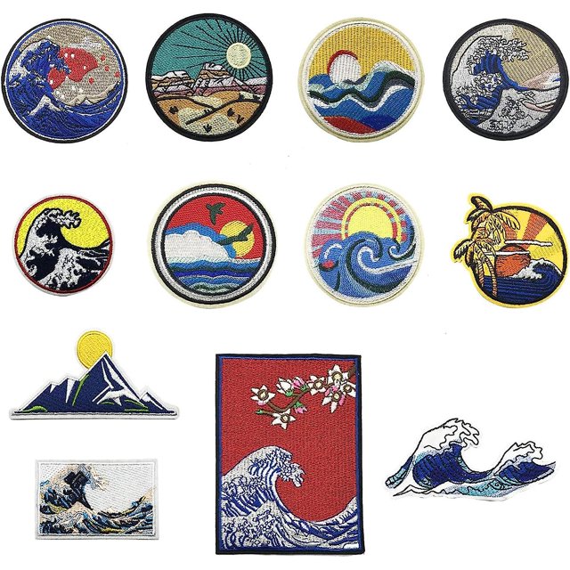 Parche termoadhesivo, 12 piezas de parche termoadhesivo con diseño de olas del atardecer o parche para coser en ropa, camisetas, vaqueros, chaquetas