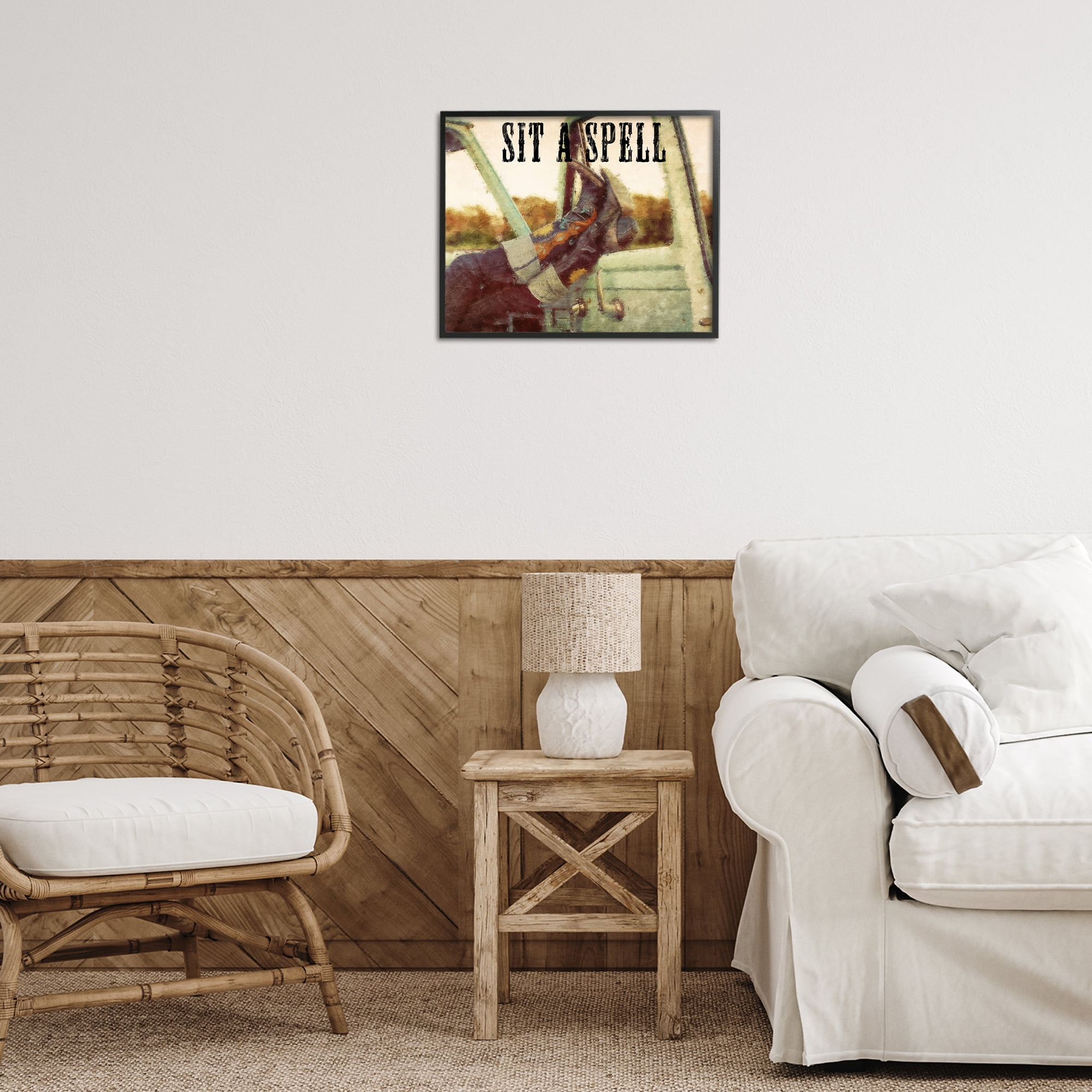 Stupell Industries Sit A Spell Cowboy Typography Painting Black Framed Art Print Wall Art, 20 x 16