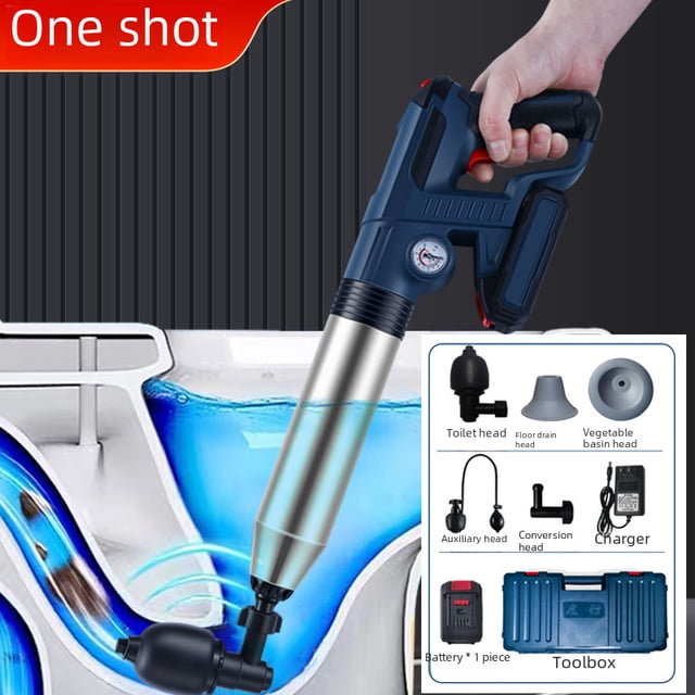 Li-Ion Powered Toilet & Drain Unclogger with a durable steel barrel construction and compact design. The image shows the unclogger in use, demonstrating its high-efficiency air pressure mechanism to clear blockages in a toilet. Included accessories, such as various heads for toilets, sinks, and drains, a charger, and a toolbox, are displayed in an inset. The unclogger is designed for versatile use in bathrooms, kitchens, and other areas, ensuring effective performance and easy storage.
