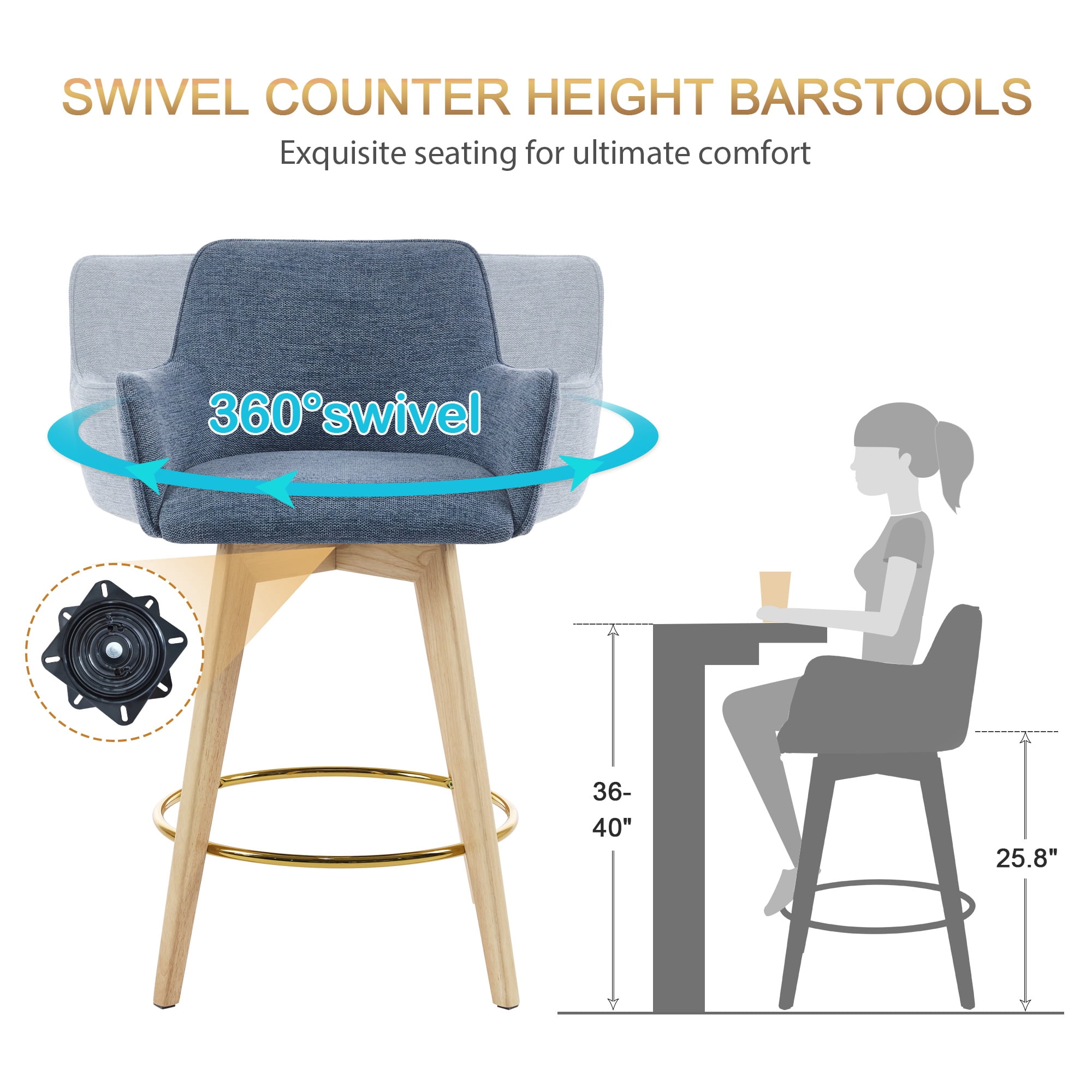 Zesthouse 25.8" Modern Bar Stools Counter Height, Swivel Single Bar Stool for Kitchen Island, Upholstered Linen Barstools with Barrel Back, Arms and Solid Wood Legs, Blue