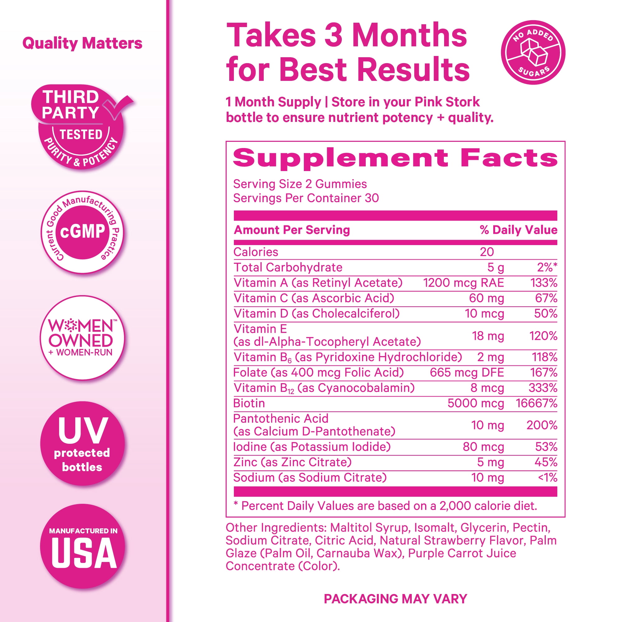Pink Stork Total Glow Hair, Skin and Nails Gummies with Biotin + B Vitamins, 60 Berry Gummies