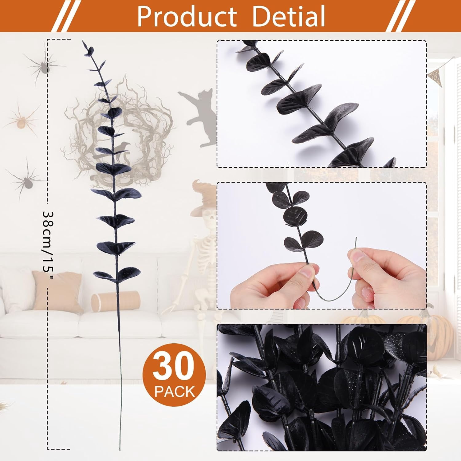 30 PCS Black Artificial Eucalyptus Stems Faux Flowers Fake Eucalyptus Leaves for Home Halloween Table Farmhouse Décor, 1 Branch