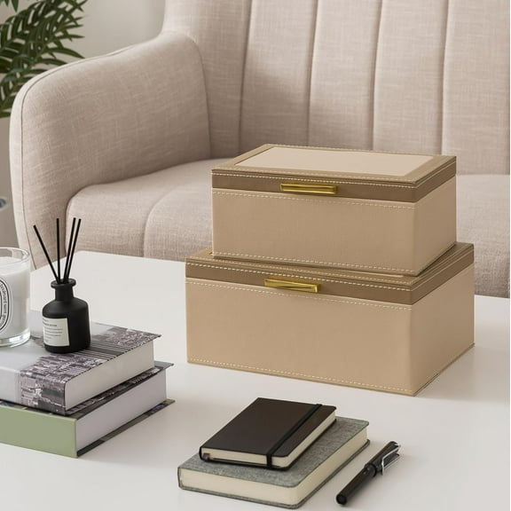 Faux Leather Decorative Boxes with Lids and Gold Hardware for Home Decor, Set of 2 Stacking Hinged Boxes for Coffee Table and Living Room Shelves, Remote Control Holder, Two-tone Sand