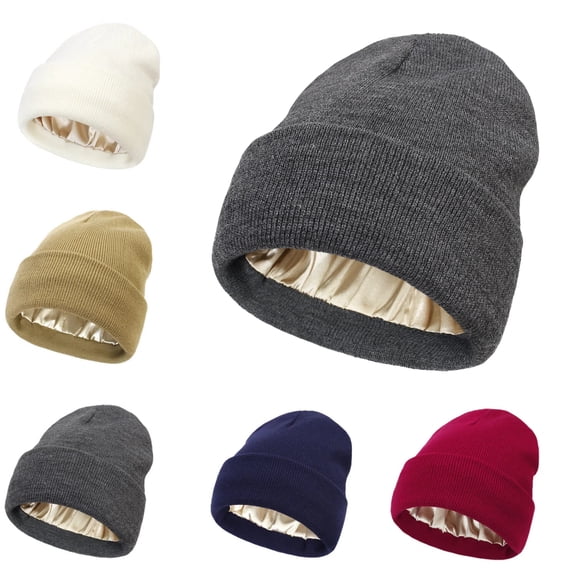 Womens Satin Lined Beanie Winter Hats Cable Knit Cuffed Beanie for Women Silk Lining Thick Chunky Warm Beanie Hat Dark Gray S
