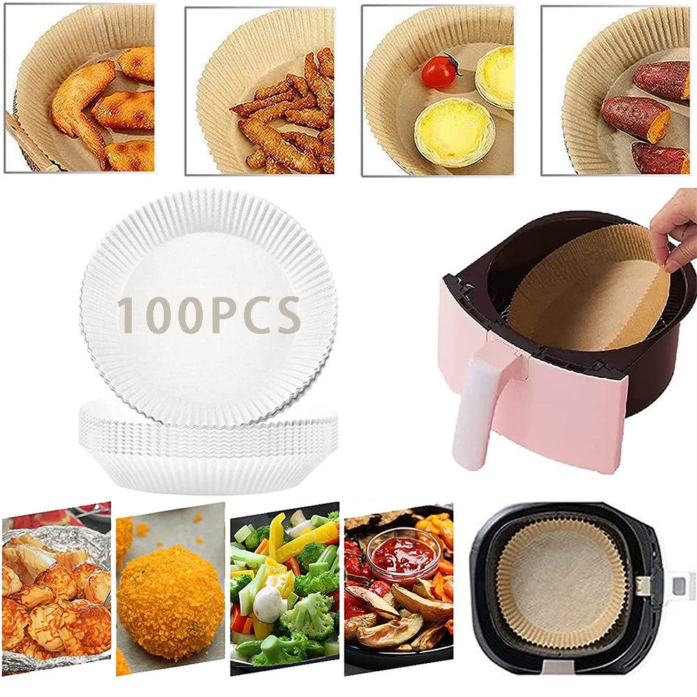 Non-Stick Air Fryer Liners White Round Without Hole 7.9 Inch Natural Parchment Paper Microwave Oven 100PCS Air Fryer Disposable Paper Liner Steamer Suitable for Fryer 