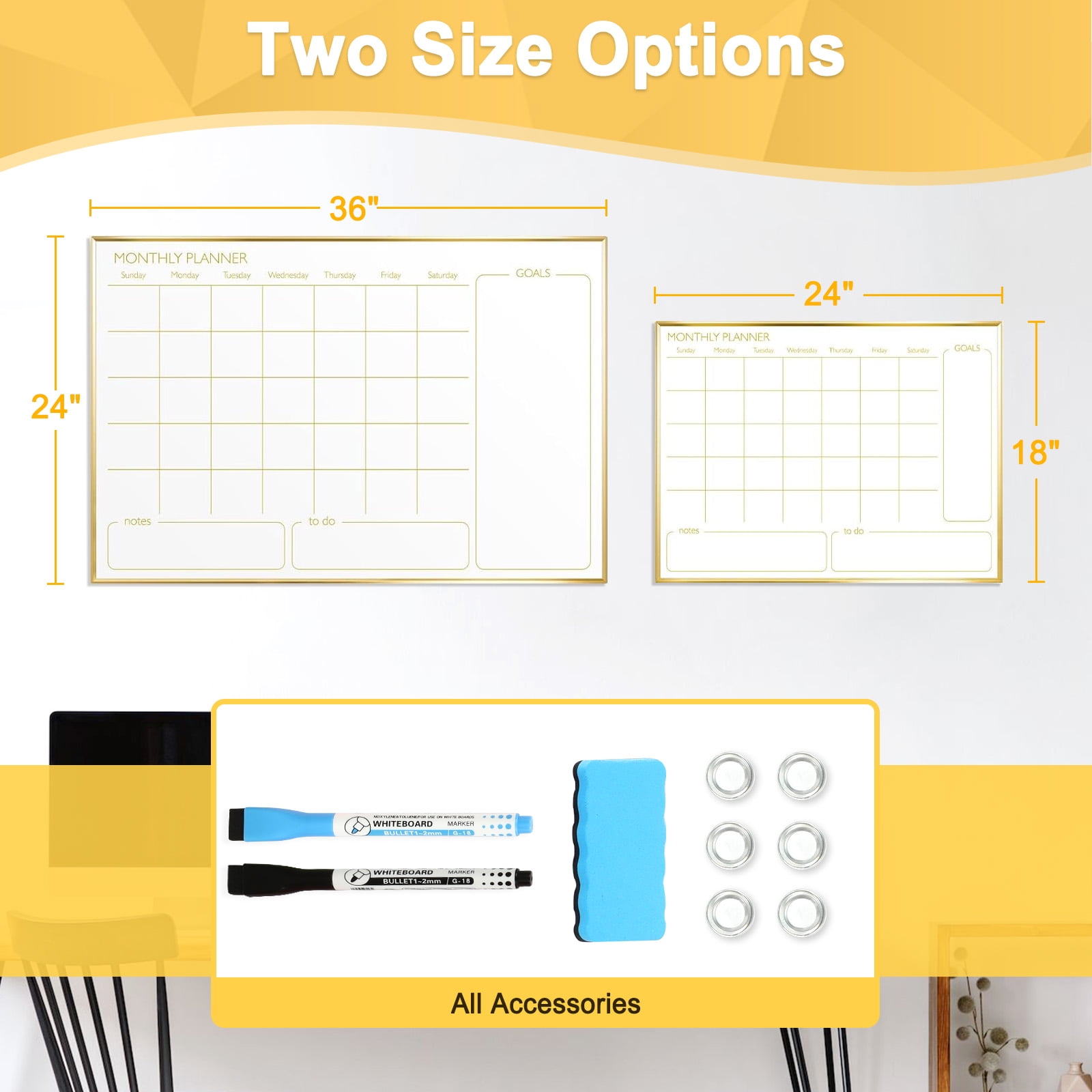 Monthly Calendar Whiteboard, 36"x24" Magnetic Dry Erase Calendar with Gold Frame, Wall Hanging Planner for Home, Office