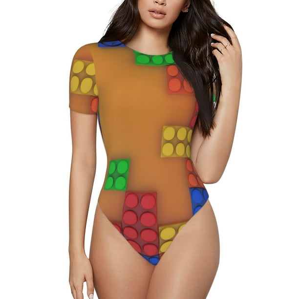 Fotbe Colorful Building Blocks A Body de Mujer con Cuello Redondo y Mangas Cortas, Sin Mangas Ajustado, Suave, Cómodo y Básico-Small