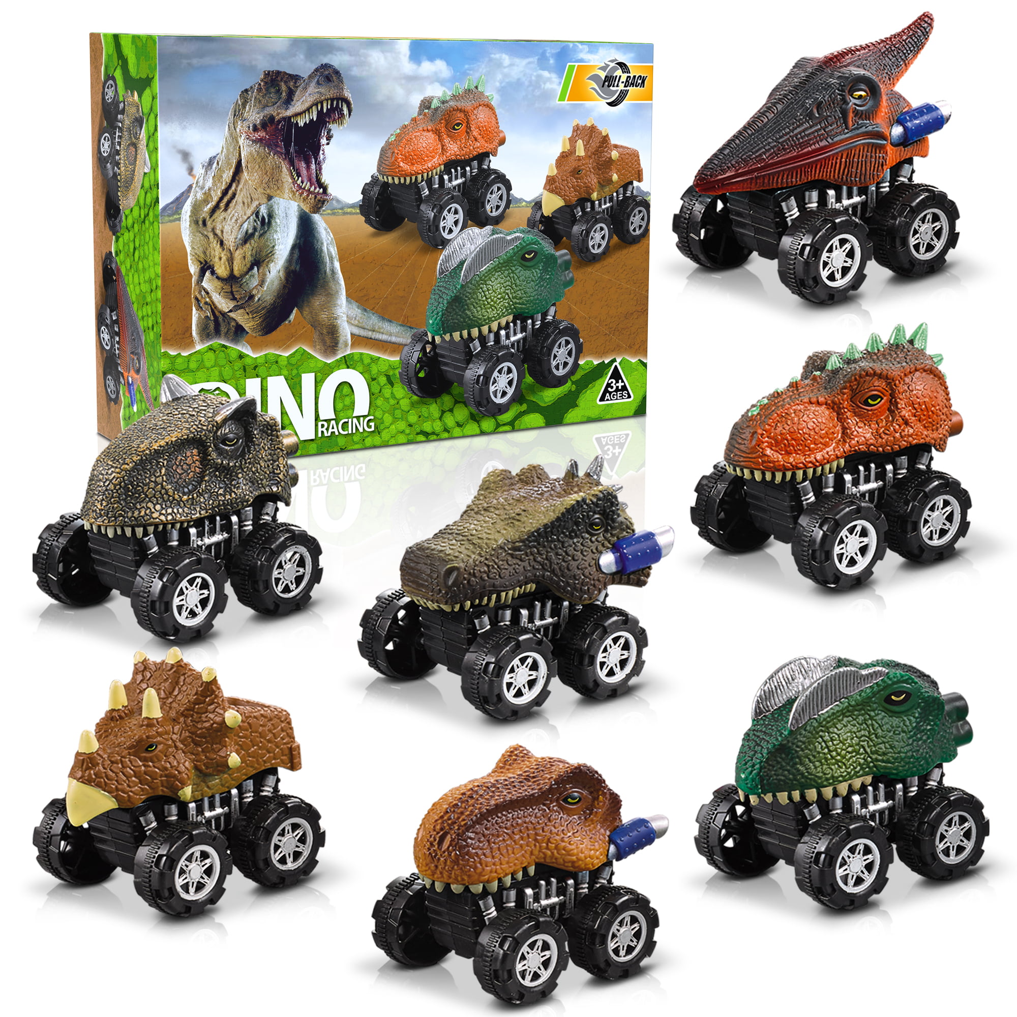 kecivnte Pull Back Original Dinosaur Cars 4-Pack Dino Cars Toys with Big Tire Wheel for 3-14 Year Old Boys Girls Creative Gifts for Kids Animal Vehicles for Kids Party Favors