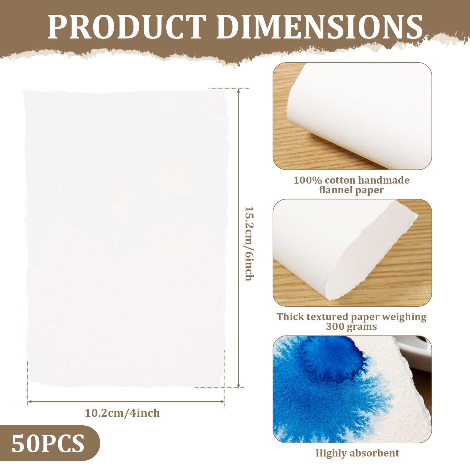 Ikoopy 50 Sheet Watercolor Paper 300gsm Handmade Deckled Edge Thick Textured Paper for Watercolors Weddings Invitations Cards Crafts