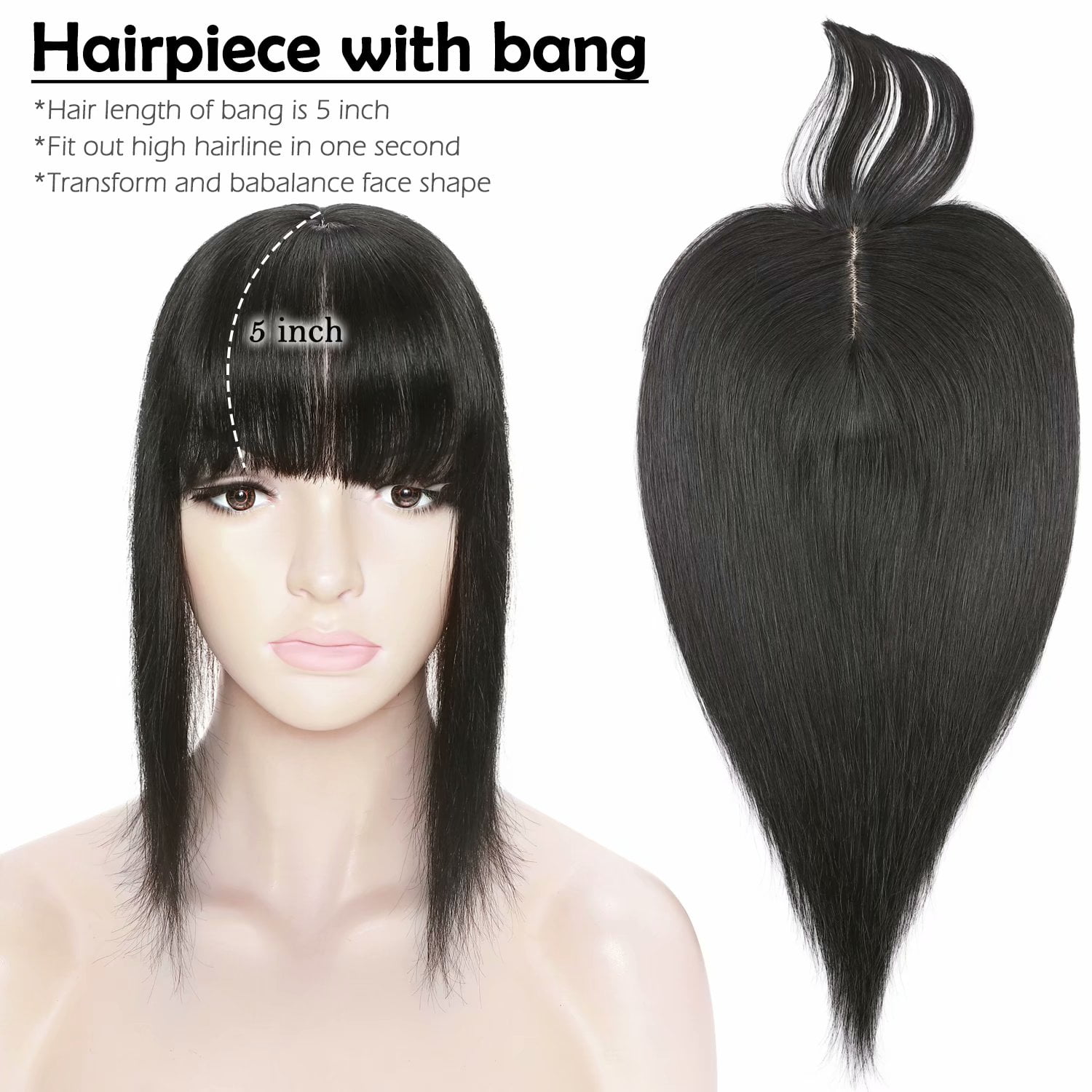 Benehair Women's Hairpieces Silk Base Clip In Topper Toupee Hairpiece With Bangs Hair Loss Black Seamless